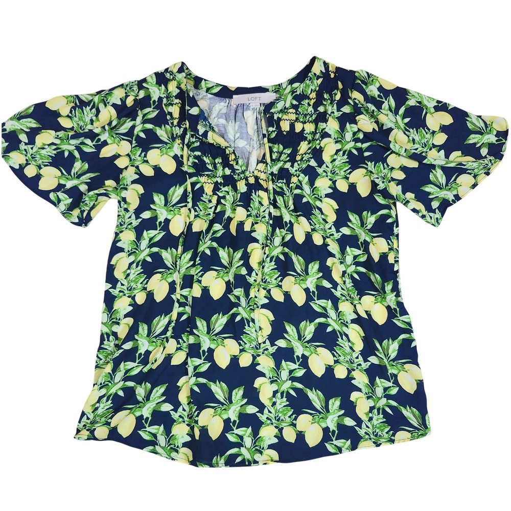 Loft Blouse Lemon Print Navy Yellow Smocked Tie Neck Summer XS